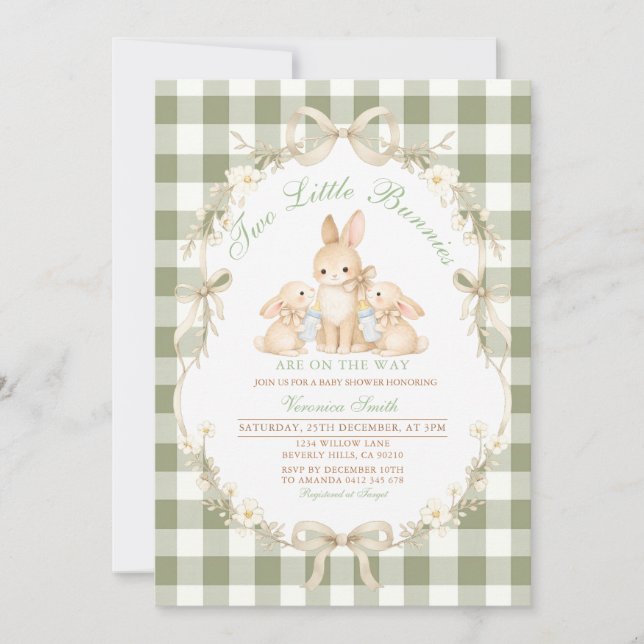 Convites Sage Green Gingham Twins Baby Shower Invitation (Frente)