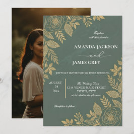 Convites Sage Green Gold Botanical Photo Back Wedding Invit