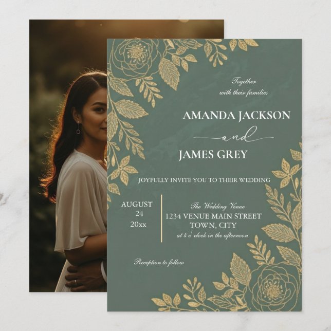 Convites Sage Green Gold Botanical Photo Back Wedding Invit (Frente/Verso)