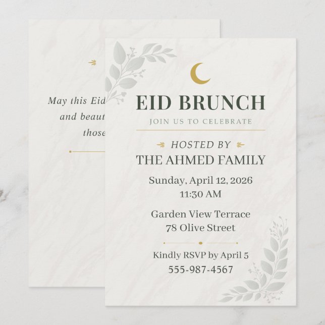 Convites Sage Green & Gold Botanical Sage Eid Brunch Moon (Frente/Verso)