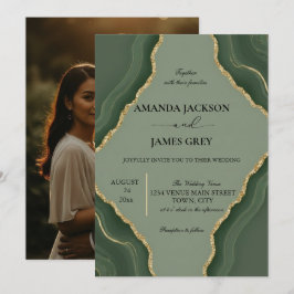Convites Sage Green Gold Geode Photo Back Wedding 