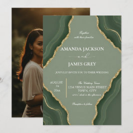 Convites Sage Green Gold Geode Photo Back Wedding 