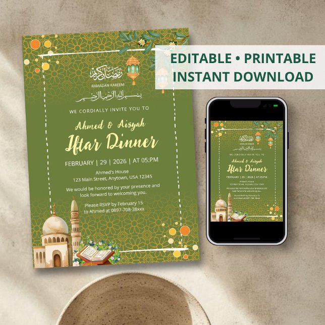 Convites Sage Green & Gold Mosque Ramadan Iftar Invitation (Criador carregado)