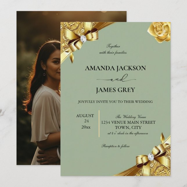 Convites Sage Green Gold String Lights Photo Wedding Invita (Frente/Verso)