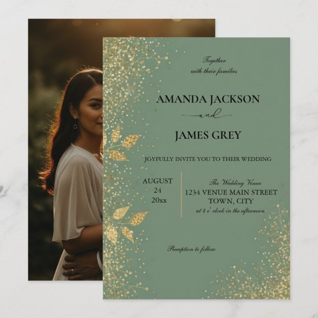 Convites Sage Green & Gold Wedding Invitation (Frente/Verso)