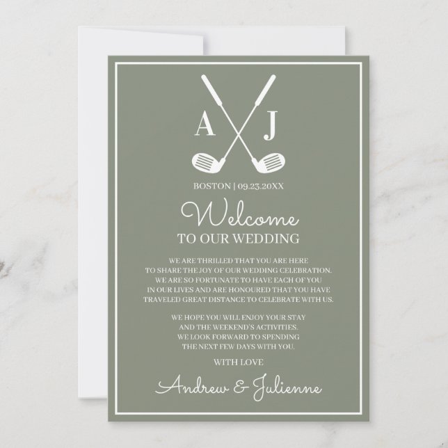 Convites Sage Green Golf Wedding Welcome Note (Frente)