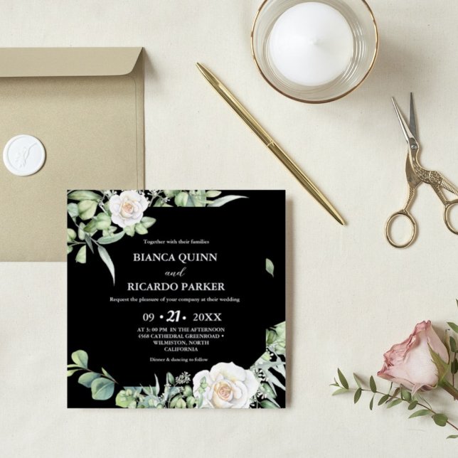 Convites Sage Green Greenery Black Square Casamento (Criador carregado)
