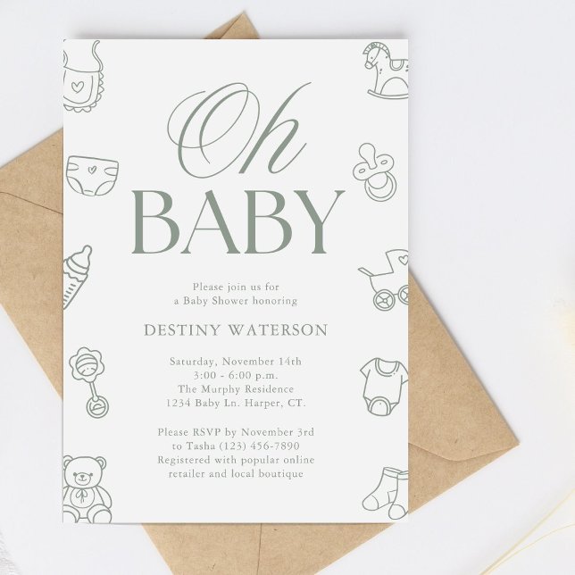 Convites Sage Green Hand Drawn Gender Neutral Baby Shower (Criador carregado)