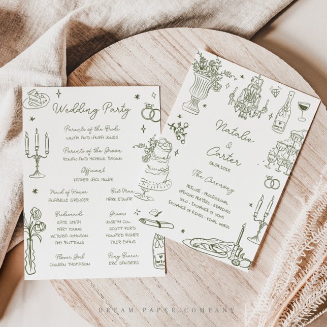Convites Sage Green Hand Drawn Whimsical Weding Program (Criador carregado)