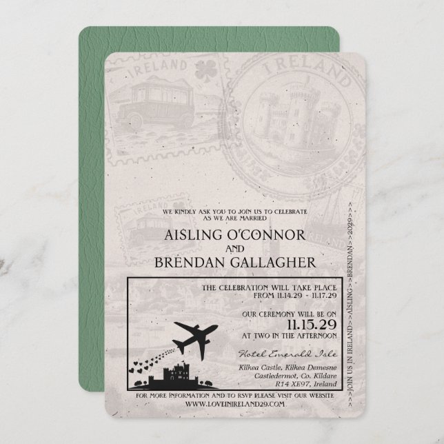 Convites Sage Green Ireland Passport Wedding (Frente/Verso)