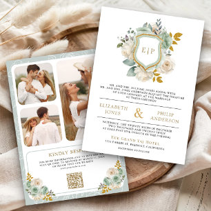 Convites Sage Green Ivory Floral Código QR Crest Casamento