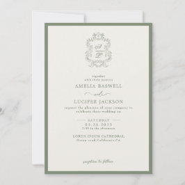 Convites Sage Green & Ivory Floral Monograma Crest Casament