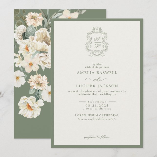 Convites Sage Green & Ivory Floral Monograma Crest Casament (Frente/Verso)