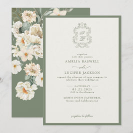 Convites Sage Green & Ivory Floral Monograma Crest Casament