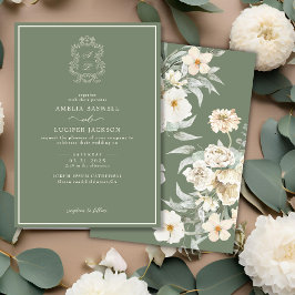 Convites Sage Green & Ivory Floral Monograma Crest Casament