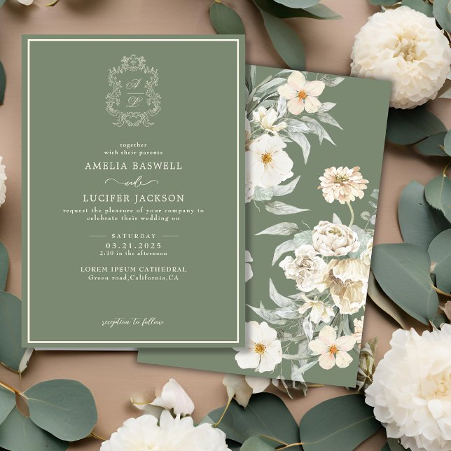 Convites Sage Green & Ivory Floral Monograma Crest Casament (Criador carregado)