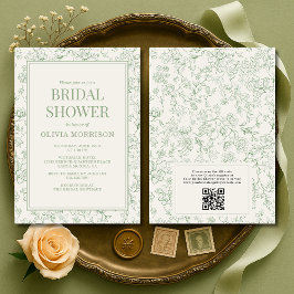 Convites Sage Green Ivory French QR Code Bridal Shower