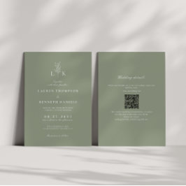 Convites Sage Green Leaf Monograma Código QR Casamento