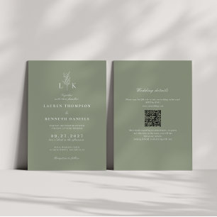 Convites Sage Green Leaf Monograma Código QR Casamento