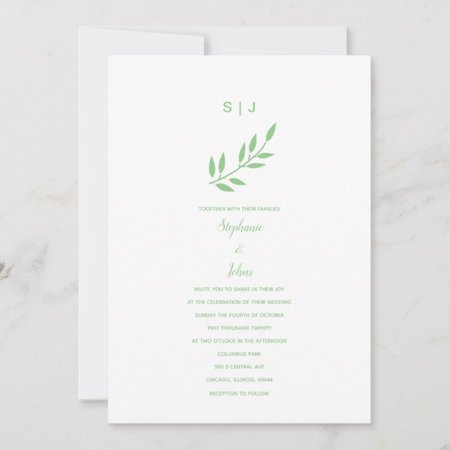 Convites Sage Green Leaf Monogramas Nome Casamento Personal (Frente)