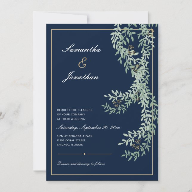 Convites Sage Green Leaf Vines | Casamento Marinho Azul (Frente)