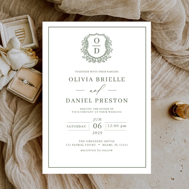 Convites Sage Green Leafy Crest Monograma Elegante Casament (Criador carregado)