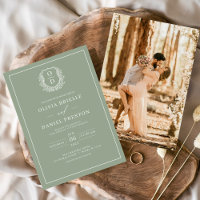 Sage Green Leafy Crest Monograma Foto Casamento