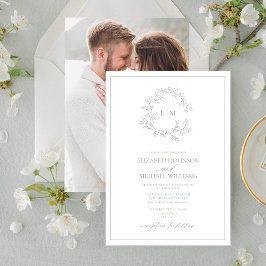 Convites Sage Green Leafy Crest Monograma Foto Casamento