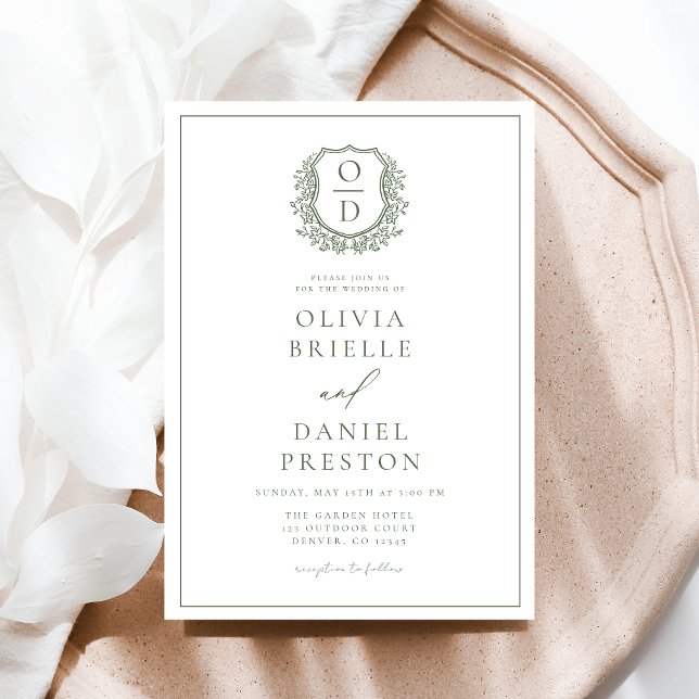 Convites Sage Green Leafy Floral Crest Monograma Casamento (Criador carregado)