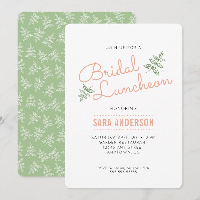 Convites Sage Green Leaves e Coral Bridal Luncheon (Frente/Verso)