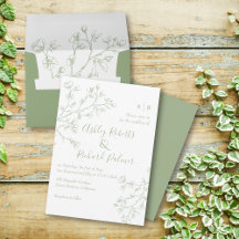 Sage green line art floresce casamento monocromáti