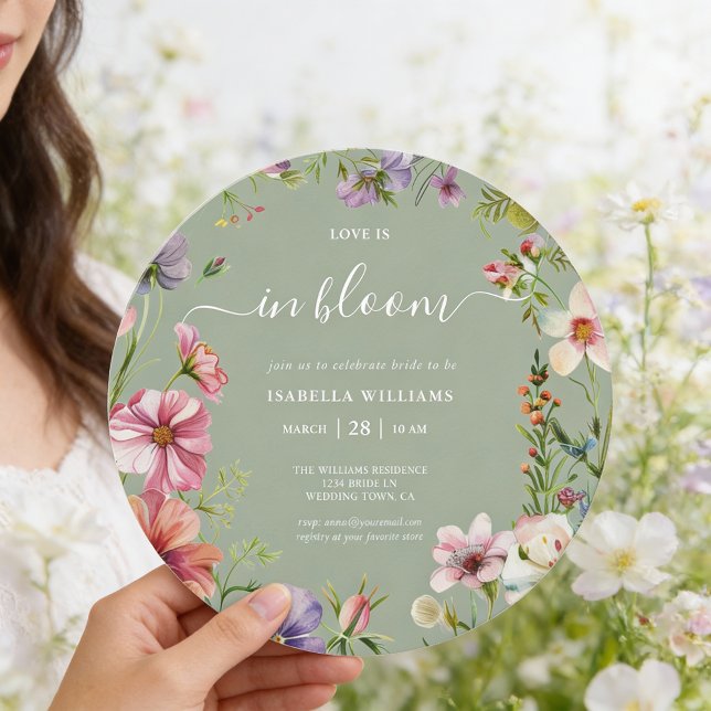 Convites Sage Green Love in Bloom Floral Bridal Shower (Front of round 5.25 inch invite is shown, choose paper and corner style. Add a QR Code to the back.)