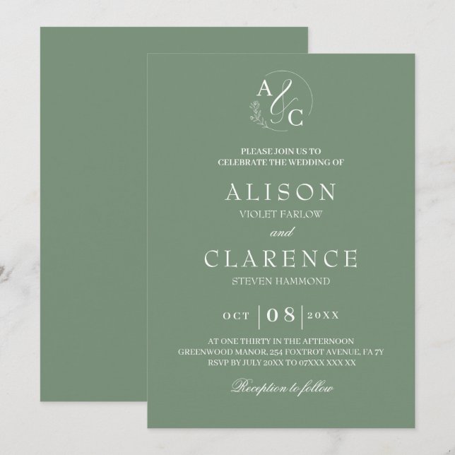 Convites Sage Green Luxury Casamento de Monograma (Frente/Verso)
