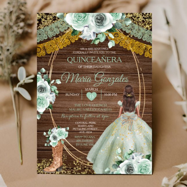 Convites Sage Green Mexicano Quinceañera Russo Wood (Criador carregado)