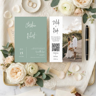 Convites Sage Green Minimal Boho Casamento Foto QR Code RSV