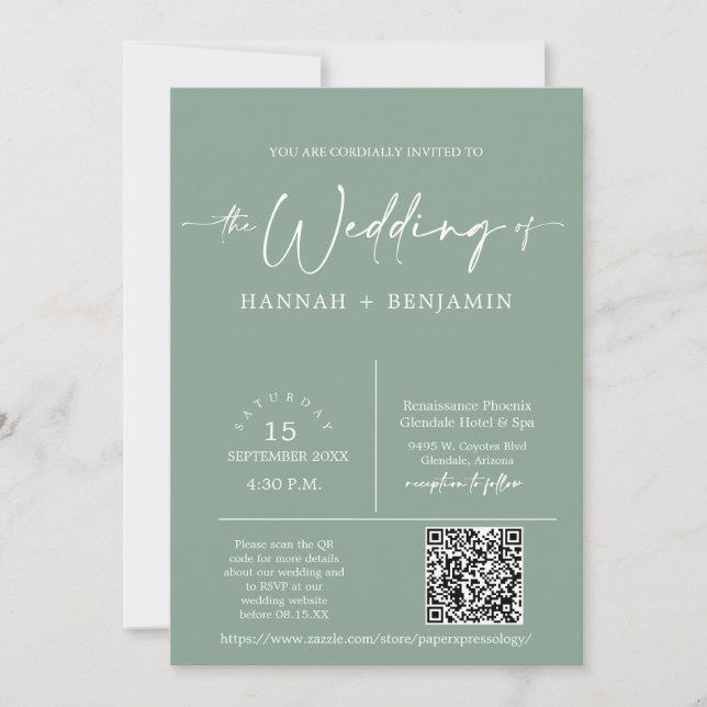 Convites Sage Green Minimal Boho Wedding Arch Código QR Fot (Frente)