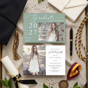 Convites Sage Green Minimal Script School Graduation Photo