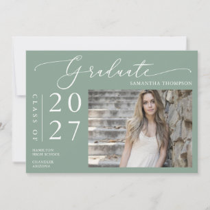 Convites Sage Green Minimal Script School Graduation Photo