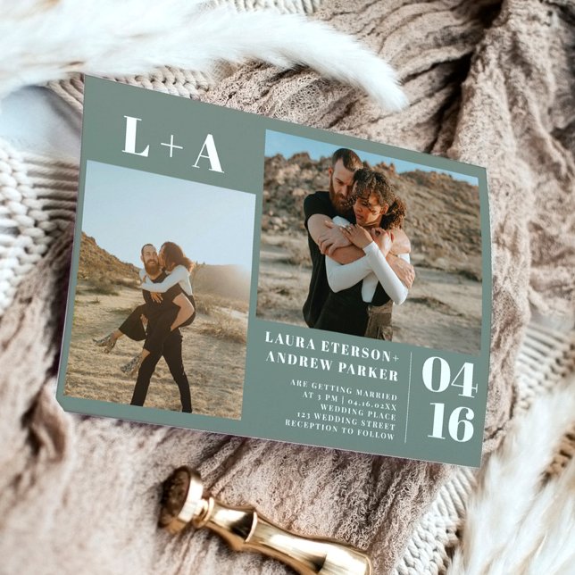 Convites Sage green minimalist iniciais 2 fotos casamento (Criador carregado)
