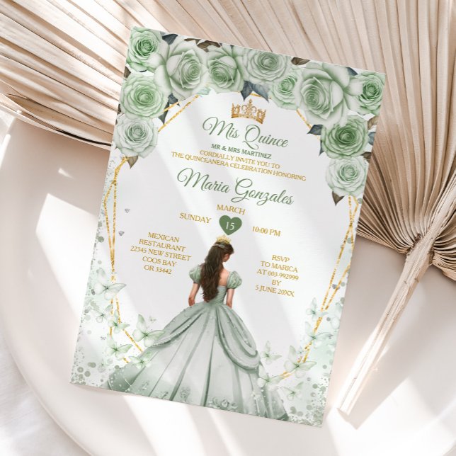Convites Sage Green Mis Quince 15 Anos Dourada Crown Butter (Criador carregado)