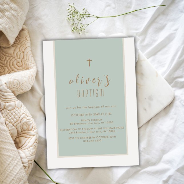 Convites Sage Green Modern Cross Christening Boy Baptism (Sage Green Modern Cross Christening Boy Baptism Invitation)