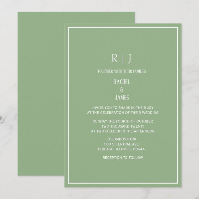 Convites Sage Green Monogram Initials Elegant Wedding (Frente/Verso)