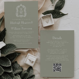 Convites Sage Green Monograma Crest Código QR Casamento
