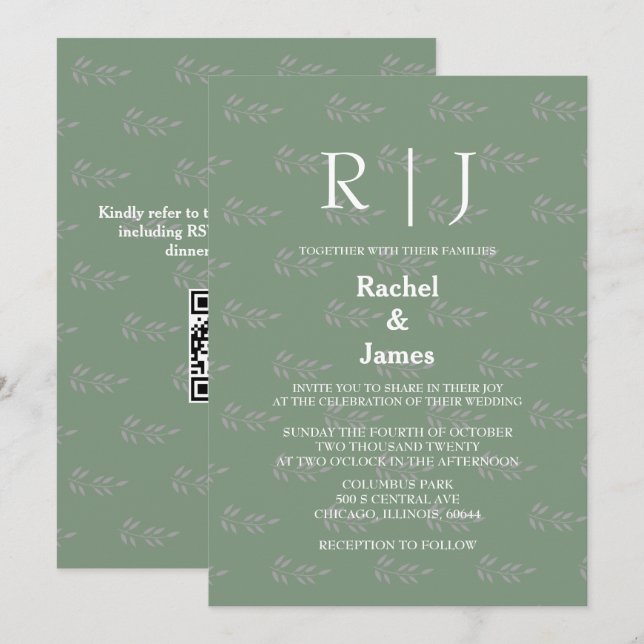 Convites Sage Green Monogramas QR Código Leaf Padrões Casam (Frente/Verso)