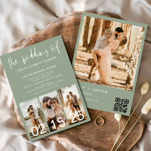 Convites Sage Green O Casamento do Código de QR Minimalista
