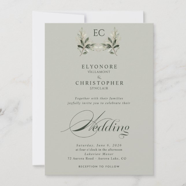 Convites Sage Green Olive Branch Monogram Photo Wedding (Frente)