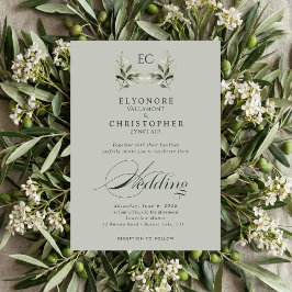 Convites Sage Green Olive Branch Monogram Photo Wedding