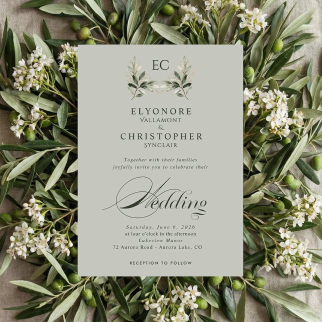 Convites Sage Green Olive Branch Monogram Photo Wedding (Criador carregado)
