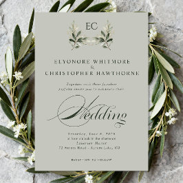 Convites Sage Green Olive Branch Monogram Photo Wedding