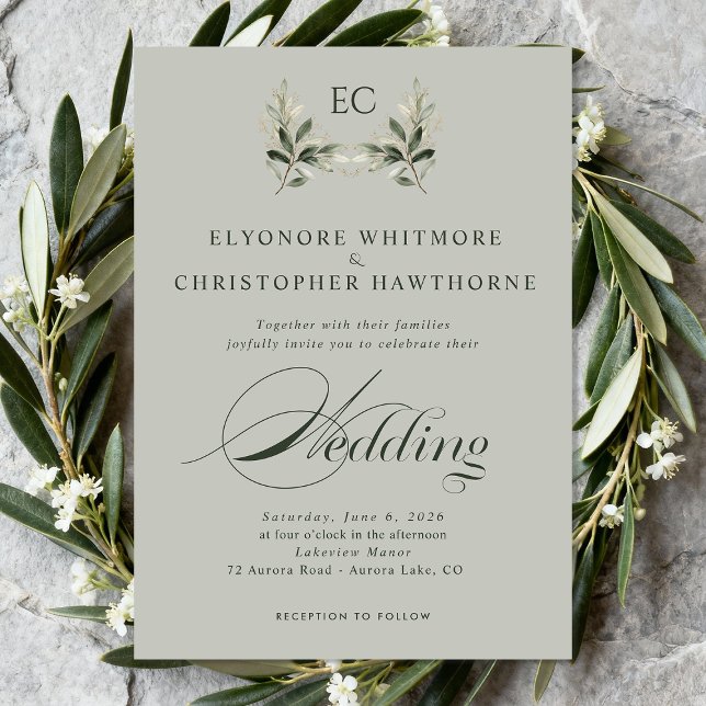 Convites Sage Green Olive Branch Monogram Photo Wedding (Criador carregado)